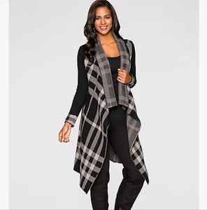 Valerie Stevens Black & White Tartan Cardigan Convertible Cowl Neck Sweater